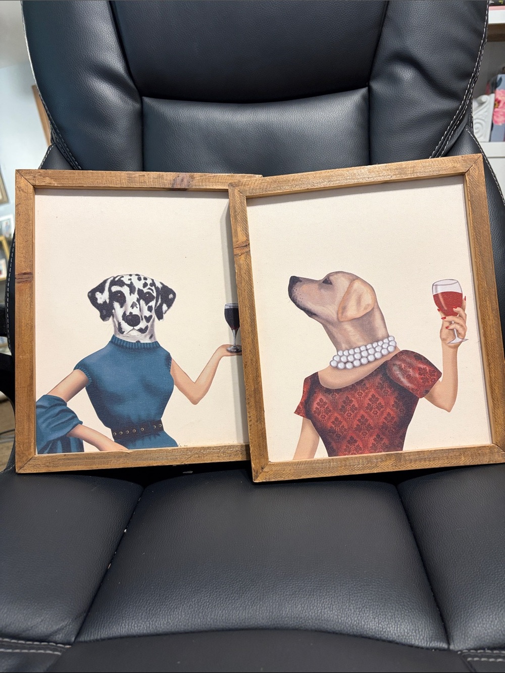 Whimsical dog art - dogs with wine - wooden frames